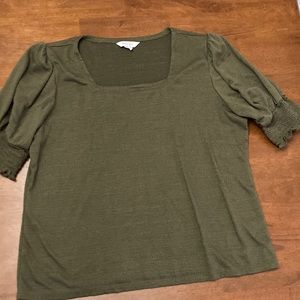 Nine West Olive Green Square Neck Puff Sleeve Top